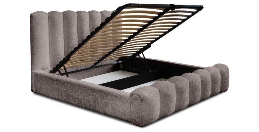 Lit coffre BADJA EUPHORIA – Tissu bouclé Taupe cendré – 180x200 cm – Sommier relevable – Design haut de gamme 