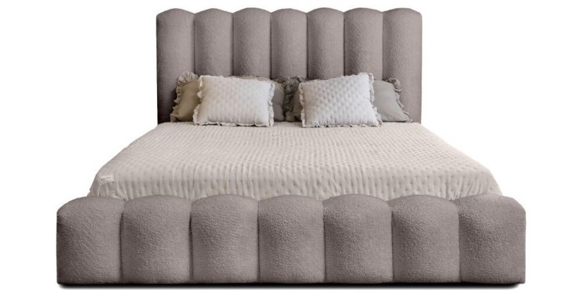 Lit coffre BADJA EUPHORIA – Tissu bouclé Taupe cendré – 180x200 cm – Sommier relevable – Design haut de gamme 