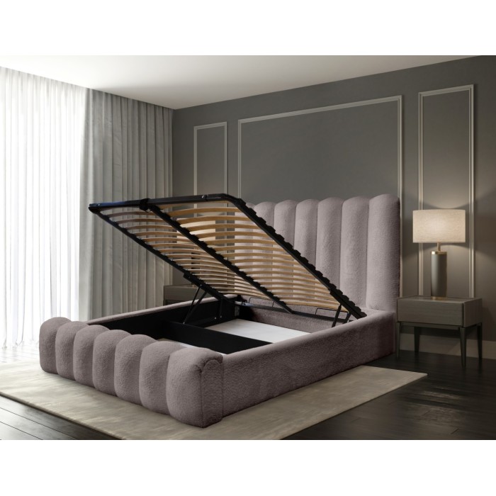 Lit coffre BADJA EUPHORIA – Tissu bouclé Taupe cendré – 180x200 cm – Sommier relevable – Design haut de gamme 