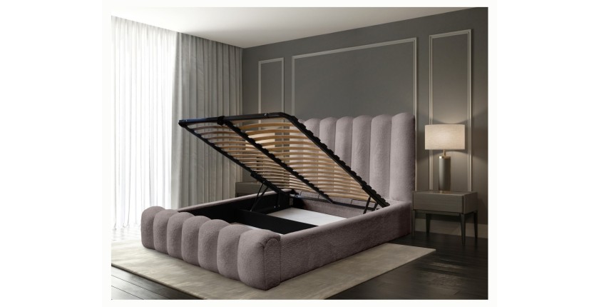 Lit coffre BADJA EUPHORIA – Tissu bouclé Taupe cendré – 180x200 cm – Sommier relevable – Design haut de gamme 
