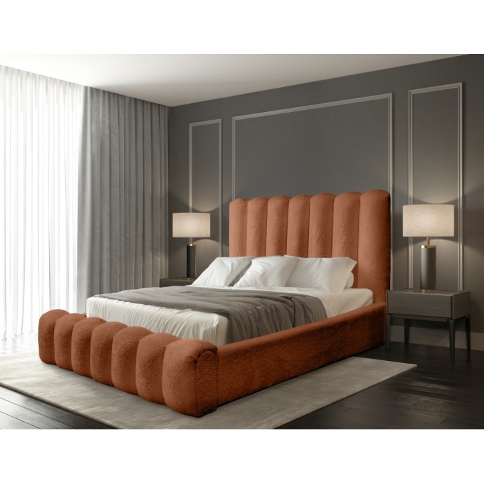 Lit coffre BADJA EUPHORIA – Tissu bouclé Terracota – 140x200 cm – Sommier relevable – Design haut de gamme