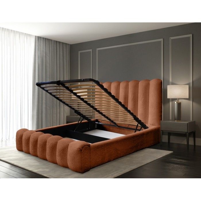 Lit coffre BADJA EUPHORIA – Tissu bouclé Terracota – 140x200 cm – Sommier relevable – Design haut de gamme 