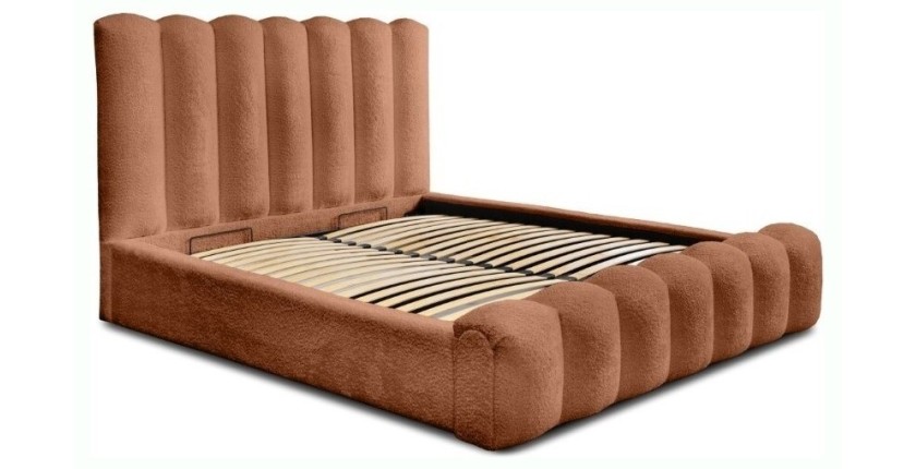 Lit coffre BADJA EUPHORIA – Tissu bouclé Terracota – 160x200 cm – Sommier relevable – Design haut de gamme 