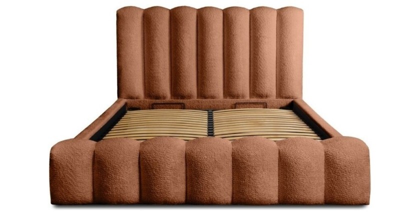 Lit coffre BADJA EUPHORIA – Tissu bouclé Terracota – 160x200 cm – Sommier relevable – Design haut de gamme 