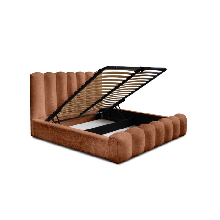 Lit coffre BADJA EUPHORIA – Tissu bouclé Terracota – 160x200 cm – Sommier relevable – Design haut de gamme 