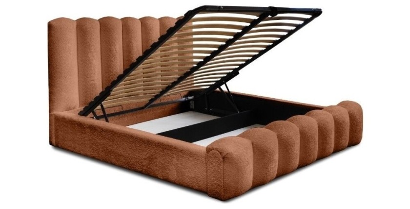 Lit coffre BADJA EUPHORIA – Tissu bouclé Terracota – 160x200 cm – Sommier relevable – Design haut de gamme 