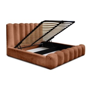 Lit coffre BADJA EUPHORIA – Tissu bouclé Terracota – 160x200 cm – Sommier relevable – Design haut de gamme 