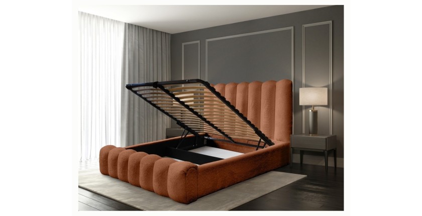Lit coffre BADJA EUPHORIA – Tissu bouclé Terracota – 160x200 cm – Sommier relevable – Design haut de gamme 