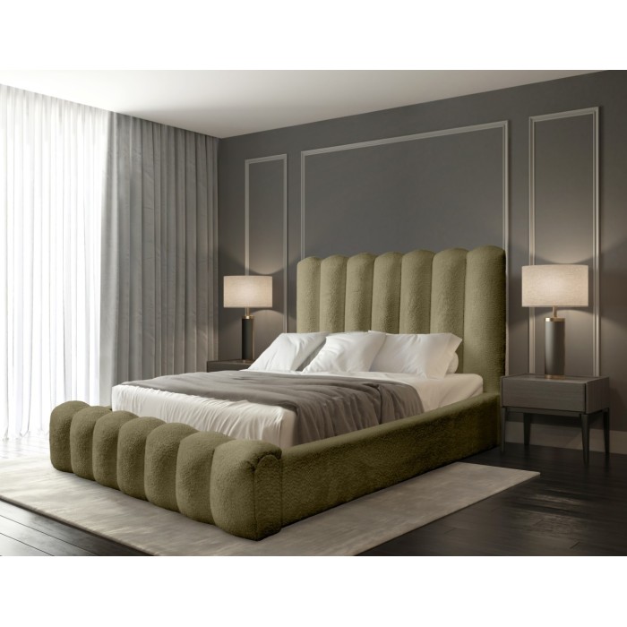 Lit coffre BADJA EUPHORIA – Tissu bouclé Sauge sèchée – 140x200 cm – Sommier relevable – Design haut de gamme
