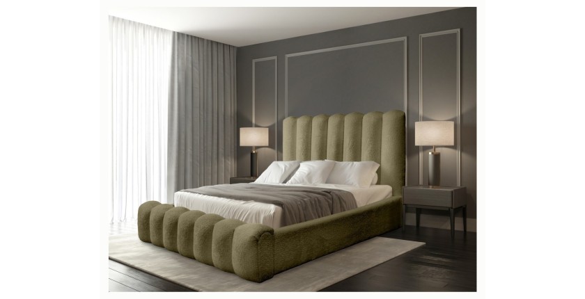 Lit coffre BADJA EUPHORIA – Tissu bouclé Sauge sèchée – 140x200 cm – Sommier relevable – Design haut de gamme