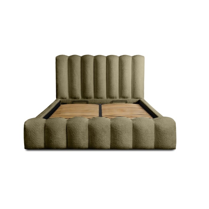 Lit coffre BADJA EUPHORIA – Tissu bouclé Sauge sèchée – 140x200 cm – Sommier relevable – Design haut de gamme 