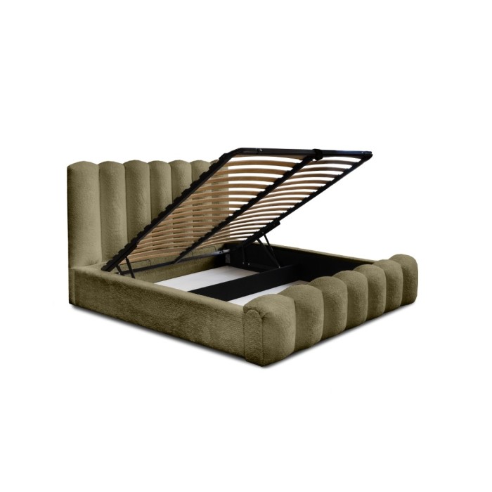 Lit coffre BADJA EUPHORIA – Tissu bouclé Sauge sèchée – 140x200 cm – Sommier relevable – Design haut de gamme 