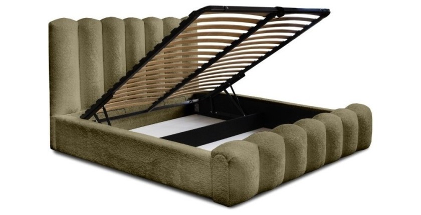 Lit coffre BADJA EUPHORIA – Tissu bouclé Sauge sèchée – 140x200 cm – Sommier relevable – Design haut de gamme 