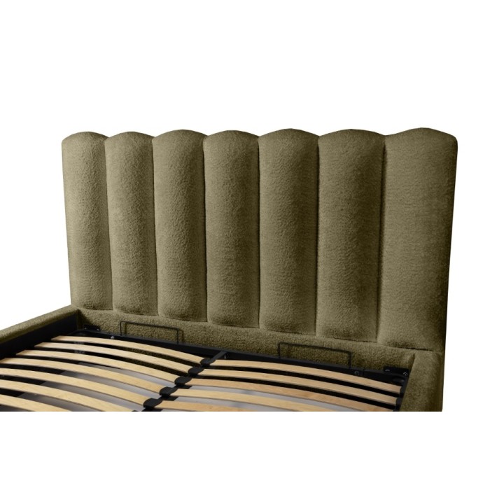 Lit coffre BADJA EUPHORIA – Tissu bouclé Sauge sèchée – 140x200 cm – Sommier relevable – Design haut de gamme 
