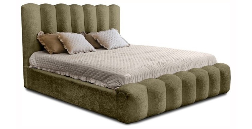Lit coffre BADJA EUPHORIA – Tissu bouclé Sauge sèchée – 140x200 cm – Sommier relevable – Design haut de gamme 