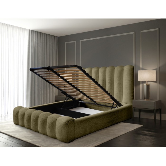 Lit coffre BADJA EUPHORIA – Tissu bouclé Sauge sèchée – 140x200 cm – Sommier relevable – Design haut de gamme 