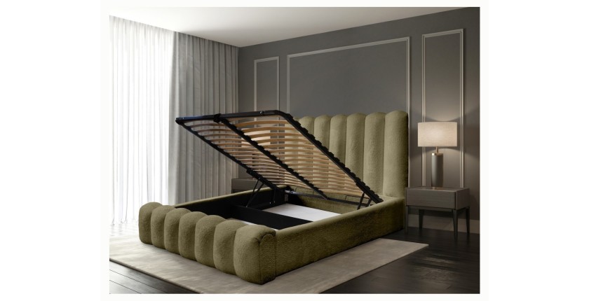 Lit coffre BADJA EUPHORIA – Tissu bouclé Sauge sèchée – 140x200 cm – Sommier relevable – Design haut de gamme 