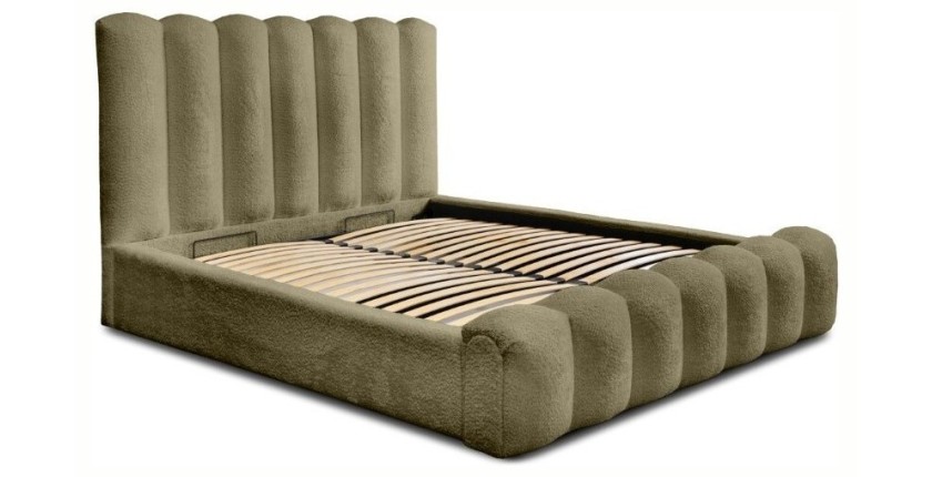 Lit coffre BADJA EUPHORIA – Tissu bouclé Sauge sèchée – 160x200 cm – Sommier relevable – Design haut de gamme 