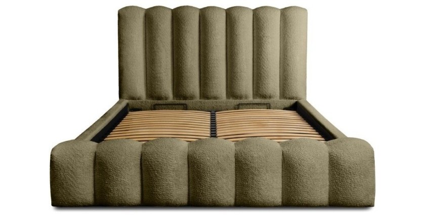 Lit coffre BADJA EUPHORIA – Tissu bouclé Sauge sèchée – 160x200 cm – Sommier relevable – Design haut de gamme 