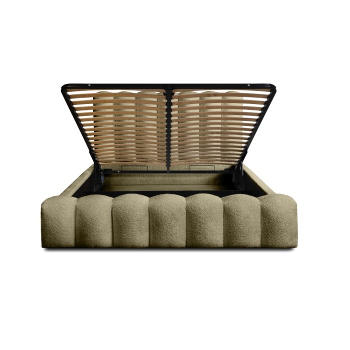 Lit coffre BADJA EUPHORIA – Tissu bouclé Sauge sèchée – 160x200 cm – Sommier relevable – Design haut de gamme 