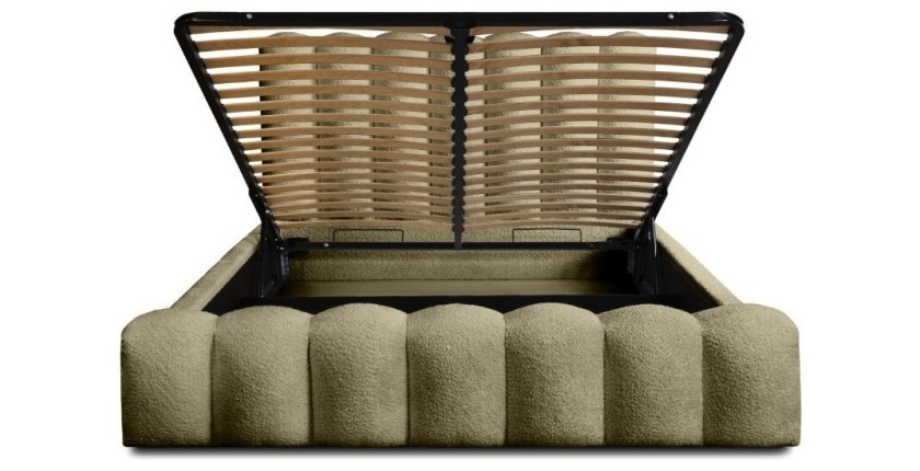 Lit coffre BADJA EUPHORIA – Tissu bouclé Sauge sèchée – 160x200 cm – Sommier relevable – Design haut de gamme 