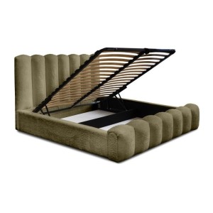 Lit coffre BADJA EUPHORIA – Tissu bouclé Sauge sèchée – 160x200 cm – Sommier relevable – Design haut de gamme 