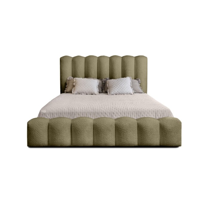 Lit coffre BADJA EUPHORIA – Tissu bouclé Sauge sèchée – 160x200 cm – Sommier relevable – Design haut de gamme 