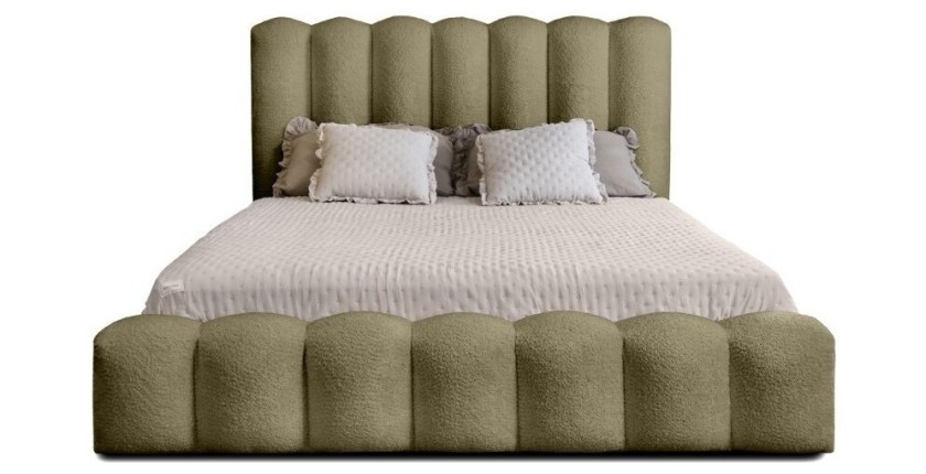 Lit coffre BADJA EUPHORIA – Tissu bouclé Sauge sèchée – 160x200 cm – Sommier relevable – Design haut de gamme 