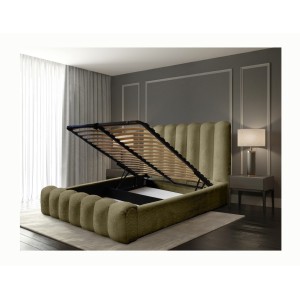Lit coffre BADJA EUPHORIA – Tissu bouclé Sauge sèchée – 160x200 cm – Sommier relevable – Design haut de gamme 