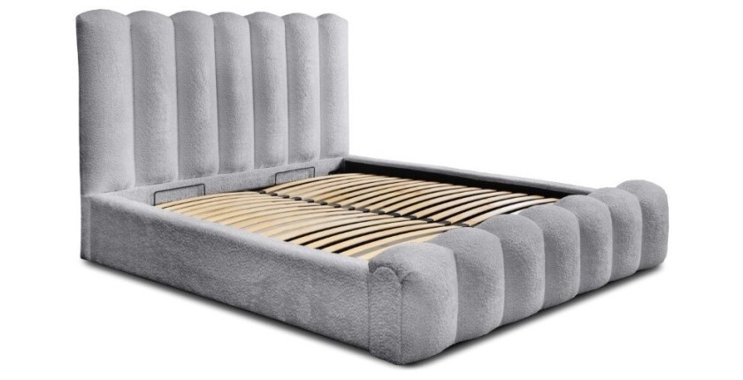 Lit coffre BADJA EUPHORIA – Tissu bouclé Perle d'aube – 140x200 cm – Sommier relevable – Design haut de gamme 