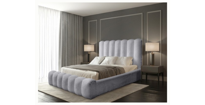 Lit coffre BADJA EUPHORIA – Tissu bouclé Perle d'aube – 140x200 cm – Sommier relevable – Design haut de gamme