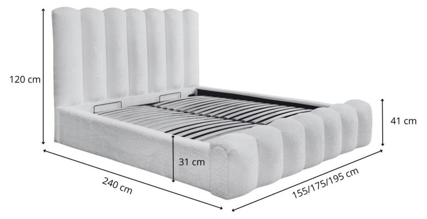 Lit coffre BADJA EUPHORIA – Tissu bouclé Perle d'aube – 140x200 cm – Sommier relevable – Design haut de gamme 