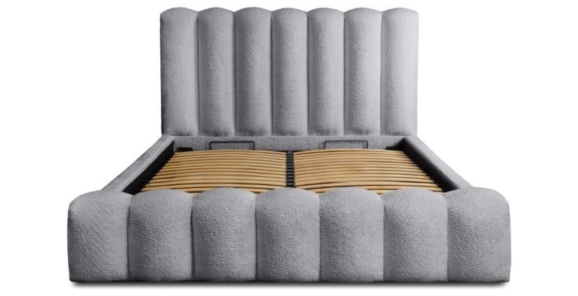 Lit coffre BADJA EUPHORIA – Tissu bouclé Perle d'aube – 140x200 cm – Sommier relevable – Design haut de gamme 