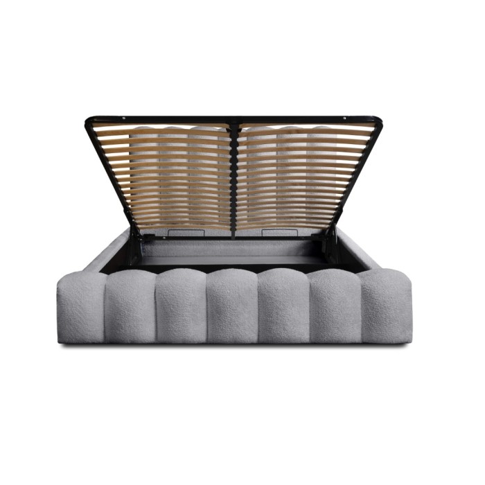 Lit coffre BADJA EUPHORIA – Tissu bouclé Perle d'aube – 140x200 cm – Sommier relevable – Design haut de gamme 