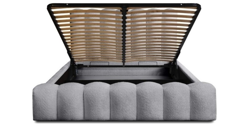 Lit coffre BADJA EUPHORIA – Tissu bouclé Perle d'aube – 140x200 cm – Sommier relevable – Design haut de gamme 