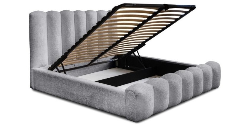 Lit coffre BADJA EUPHORIA – Tissu bouclé Perle d'aube – 140x200 cm – Sommier relevable – Design haut de gamme 