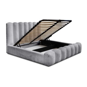 Lit coffre BADJA EUPHORIA – Tissu bouclé Perle d'aube – 140x200 cm – Sommier relevable – Design haut de gamme 