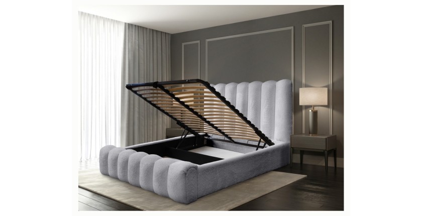 Lit coffre BADJA EUPHORIA – Tissu bouclé Perle d'aube – 140x200 cm – Sommier relevable – Design haut de gamme 