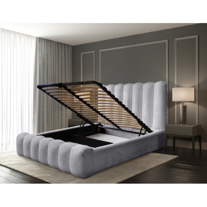 Lit coffre BADJA EUPHORIA – Tissu bouclé Perle d'aube – 180x200 cm – Sommier relevable – Design haut de gamme 