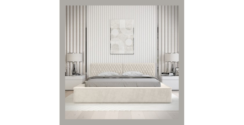 Lit coffre VERNON – Tissu chenille bouclé Lin naturel – 140x200 cm – Sommier relevable – Élégance et confort premium 
