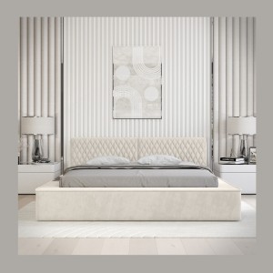 Lit coffre VERNON – Tissu chenille bouclé Lin naturel – 140x200 cm – Sommier relevable – Élégance et confort premium 