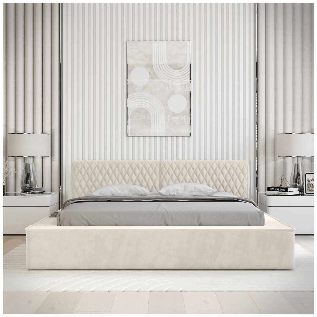 Lit coffre VERNON – Tissu chenille bouclé Lin naturel – 140x200 cm – Sommier relevable – Élégance et confort premium 