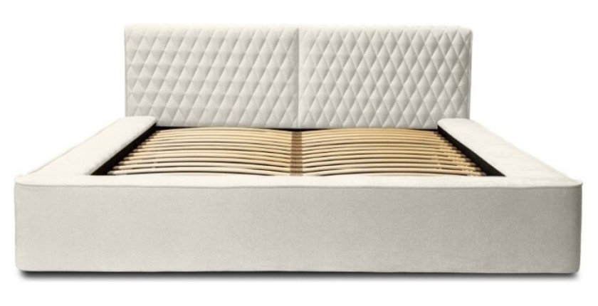 Lit coffre VERNON – Tissu chenille bouclé Lin naturel – 140x200 cm – Sommier relevable – Élégance et confort premium 