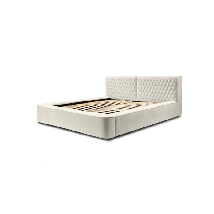 Lit coffre VERNON – Tissu chenille bouclé Lin naturel – 140x200 cm – Sommier relevable – Élégance et confort premium 