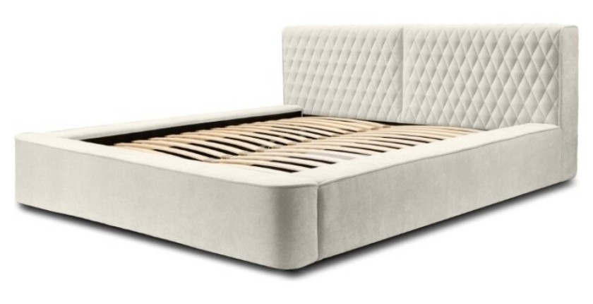 Lit coffre VERNON – Tissu chenille bouclé Lin naturel – 140x200 cm – Sommier relevable – Élégance et confort premium 