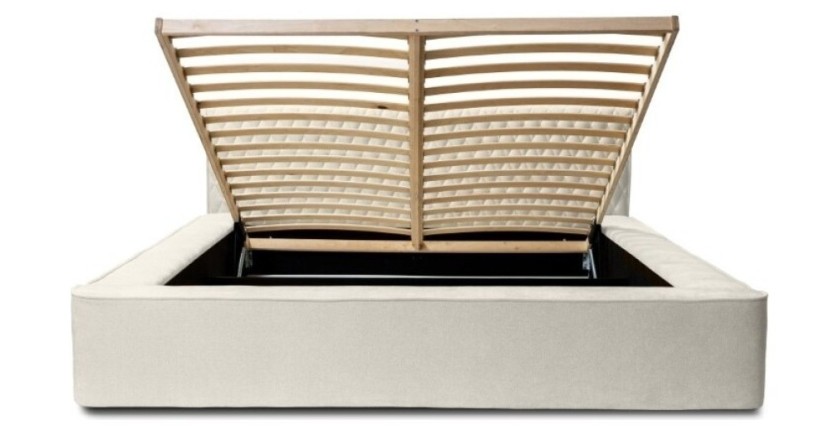 Lit coffre VERNON – Tissu chenille bouclé Lin naturel – 140x200 cm – Sommier relevable – Élégance et confort premium 