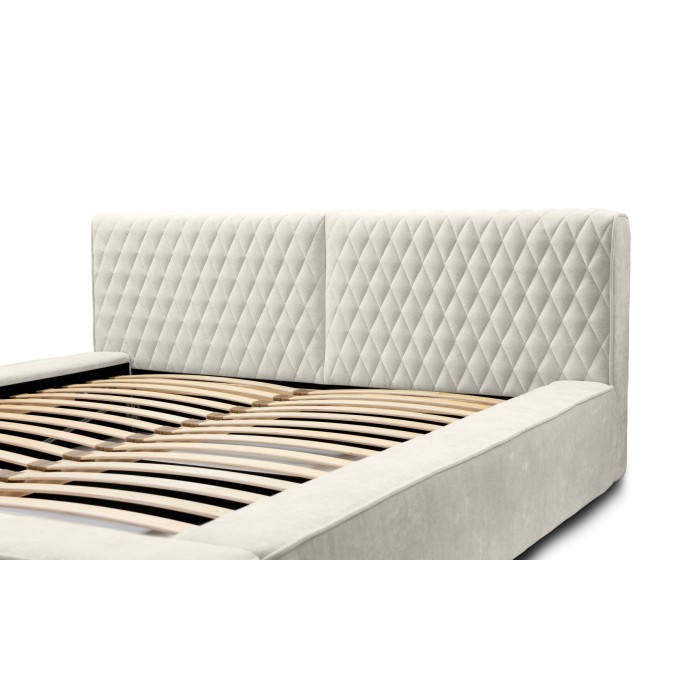 Lit coffre VERNON – Tissu chenille bouclé Lin naturel – 140x200 cm – Sommier relevable – Élégance et confort premium 