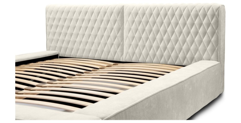 Lit coffre VERNON – Tissu chenille bouclé Lin naturel – 140x200 cm – Sommier relevable – Élégance et confort premium 