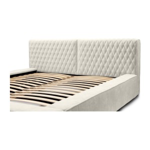 Lit coffre VERNON – Tissu chenille bouclé Lin naturel – 140x200 cm – Sommier relevable – Élégance et confort premium 
