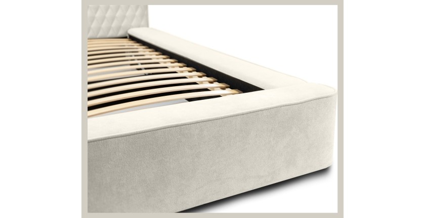 Lit coffre VERNON – Tissu chenille bouclé Lin naturel – 140x200 cm – Sommier relevable – Élégance et confort premium 